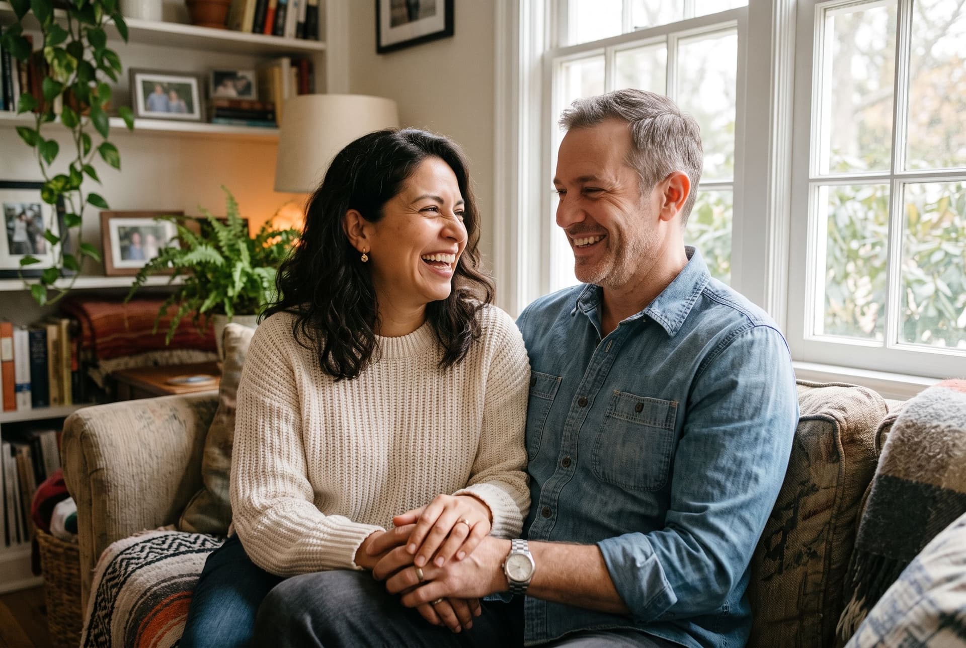 A couple at home, close and laughing together