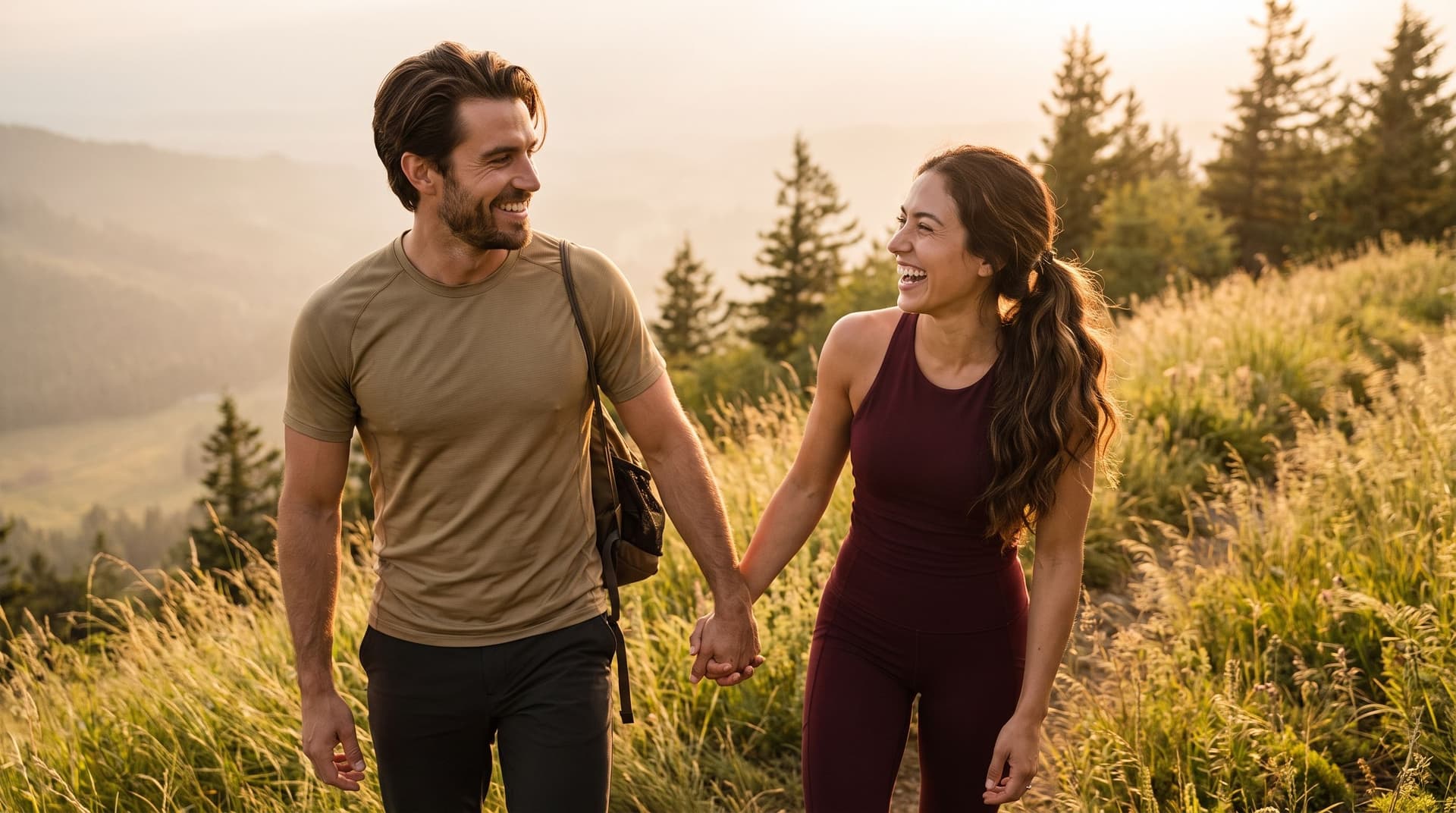 A couple laughing and holding hands while hiking a golden-hour trail