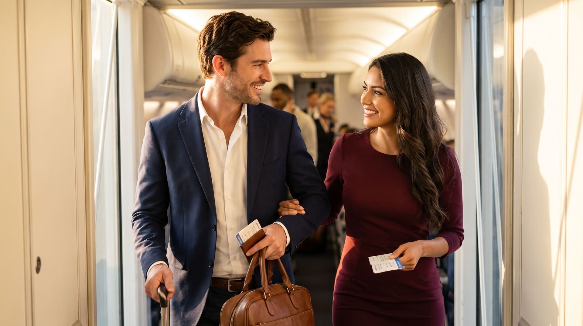 A well-dressed couple smiling as they board an airplane together