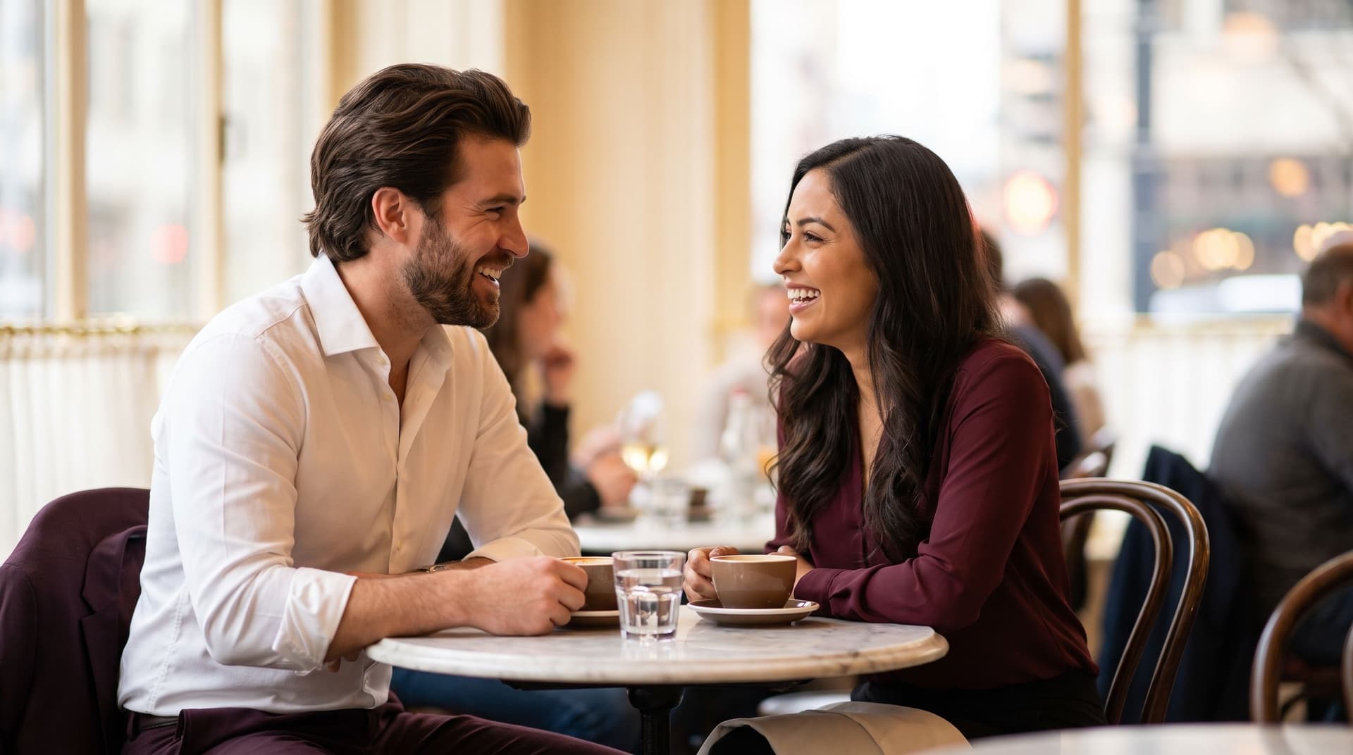 A man and a woman laughing together over coffee in a busy city cafe